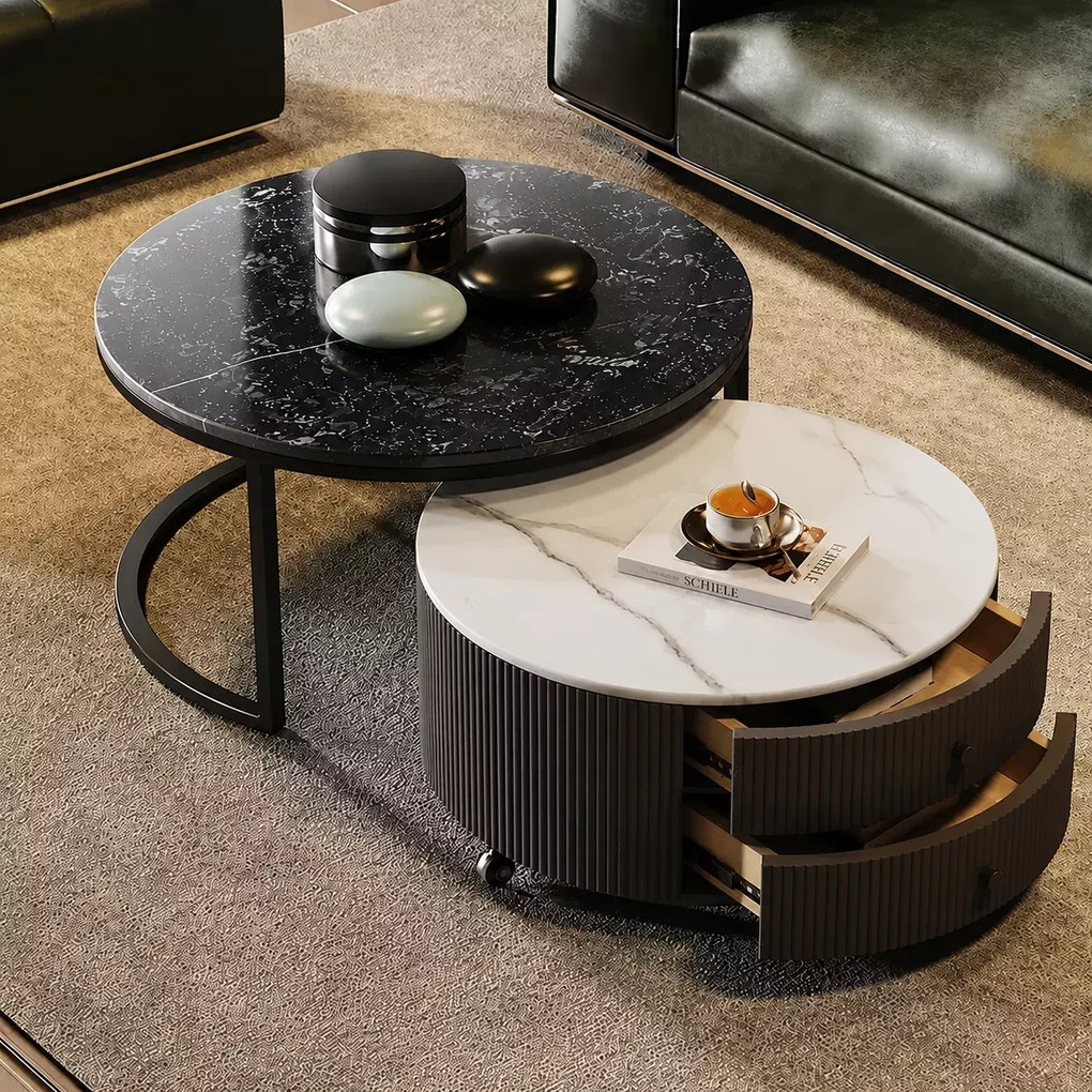 LuxuryForm DESIGN Konferenčný stolík ROYAL 80 / 60 cm – čierno-biely mramorový dekor (set 2 ks)