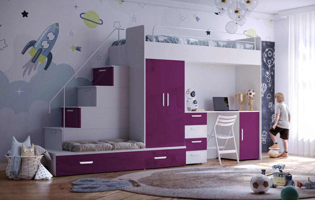 Detská posteľ Ruby V (Biela + Fialová) (s roštami). Akcia -20%. Vlastná spoľahlivá doprava až k Vám domov. 611115