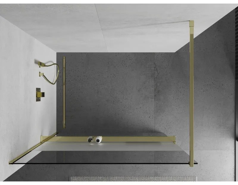 Mexen Kioto+, sprchová zástena s poličkou a držiakom na uteráky 110 x 200 cm, 8mm číre sklo vzor námraza, zlatý profil, 800-110-121-50-35