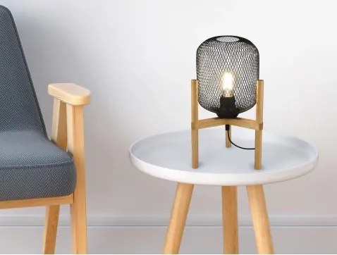 Stolová lampa Calimero, drevo, drôtené tienidlo%