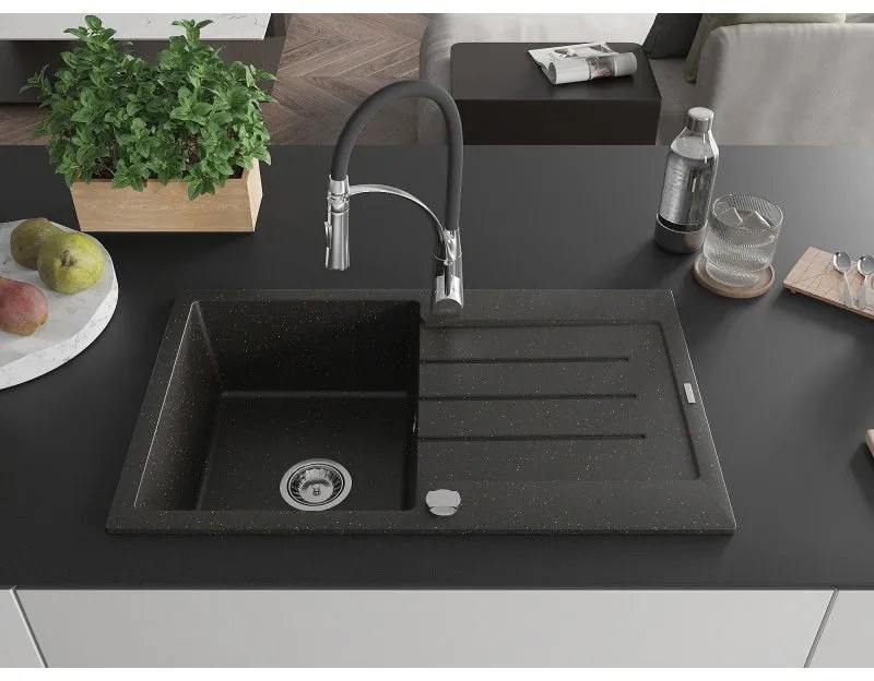 Mexen Bruno, 1-komorový granitový drez 795x495x200 mm a drezová batéria Aster, čierna-zlatá metalíza, 6513-75-73450-07