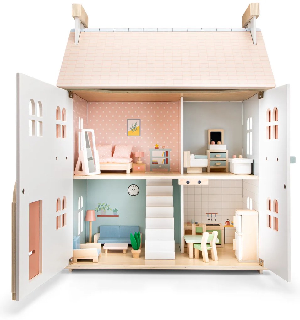 Drevený dom pre bábiky s nábytkom