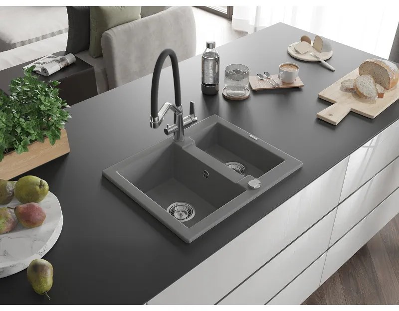Mexen Carlos, 1,5-komorový granitový drez 582x475x177 mm a drezová batéria Duo, šedá, 6518-71-671701-07