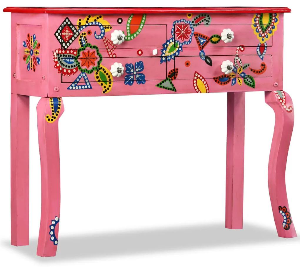 vidaXL Konzolový stolík, pevné mangovníkové drevo, ružový, ručne maľovaný