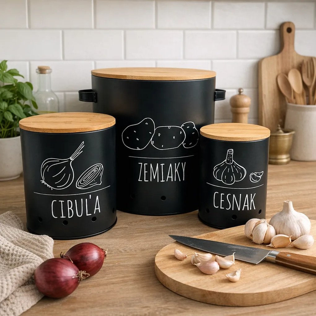 Orion Sada 3 dóz na cibuľu, cesnak a zemiaky, plechové s bambusovým vekom BLACK SK