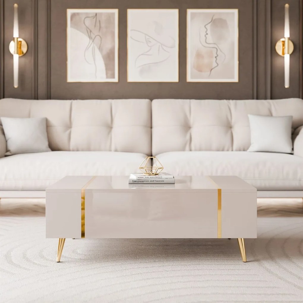 KONFERENČNÝ STOLÍK SANTINO NA NOŽIČKÁCH KAŠMÍR VYSOKÝ LESK / ZLATÝ