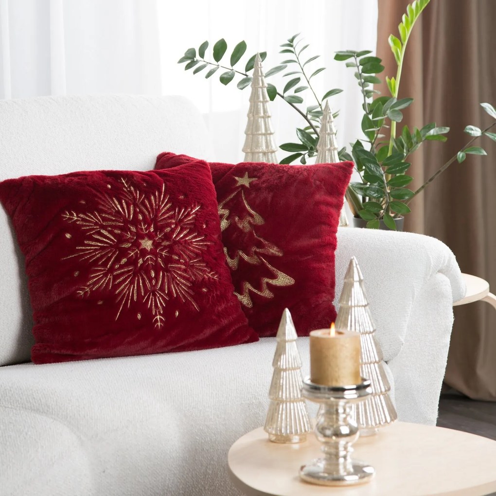 CHLPATÁ VIANOČNÁ DEKORAČNÁ OBLIEČKA NA VANKÚŠ SNOWFLAKE 45X45 CM BORDOVÁ