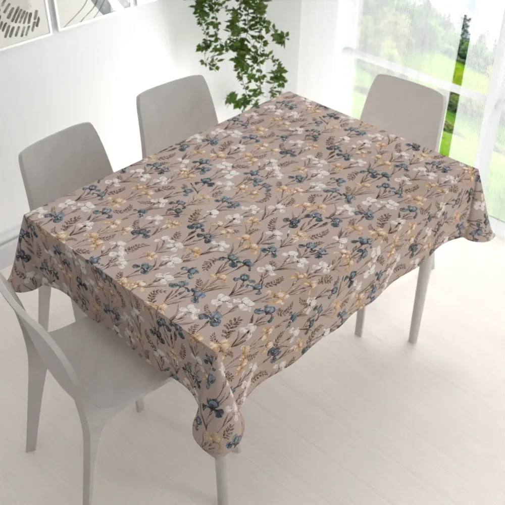 Biante Bavlnený obdĺžnikový obrus Sandra SA-637 Modro-béžovo-biele kosatce na sivobéžovom 120x140 cm