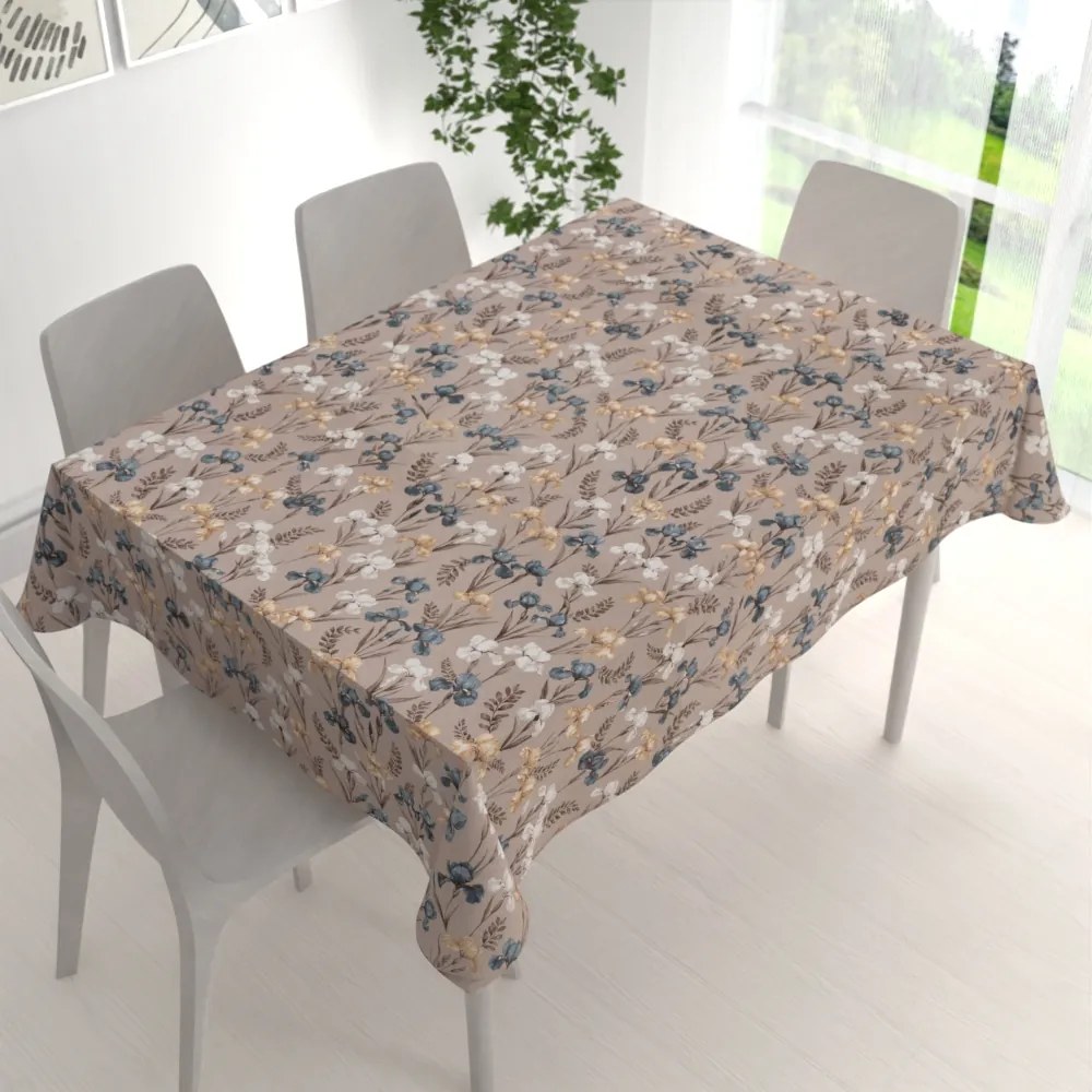 Biante Bavlnený obdĺžnikový obrus Sandra SA-637 Modro-béžovo-biele kosatce na sivobéžovom 50x100 cm