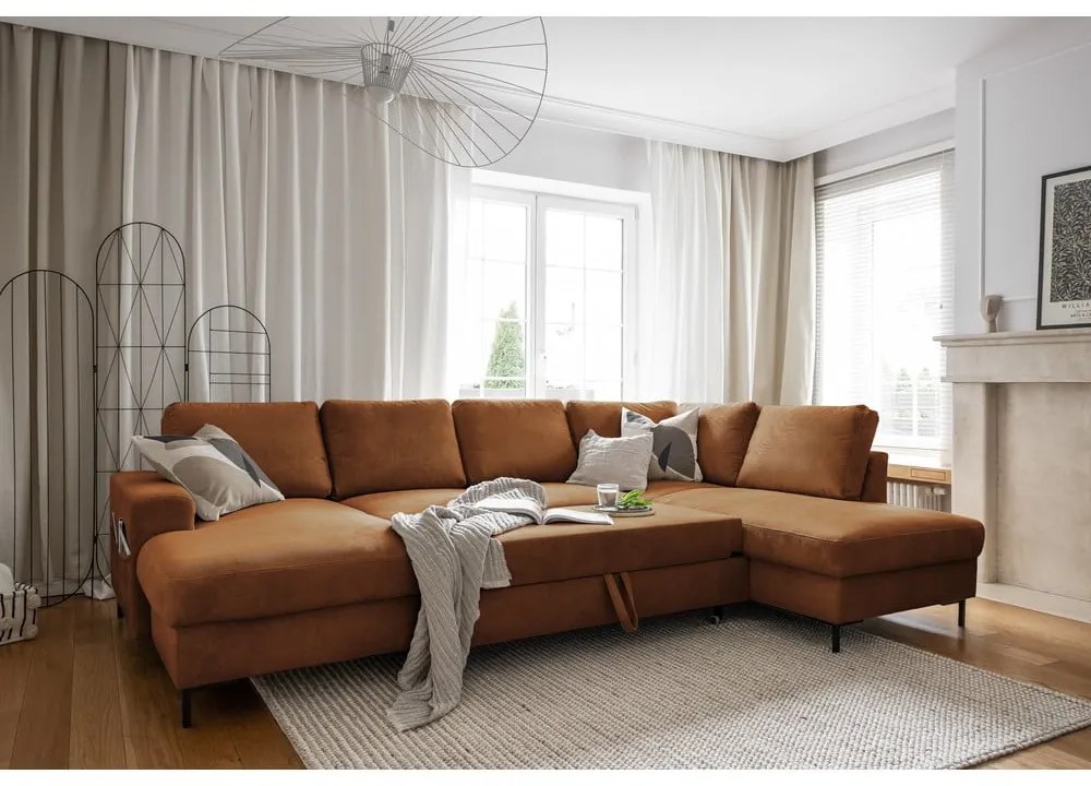 Oranžovohnedá menčestrová rozkladacia rohová pohovka (pravý roh) Lofty Lilly – Miuform