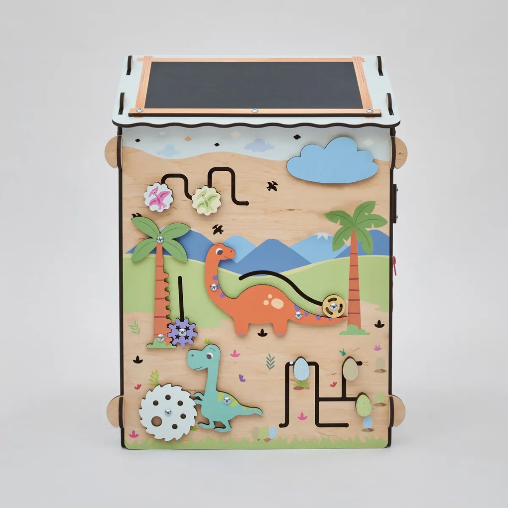 Drevený activity board domček s osvetlením – Dino