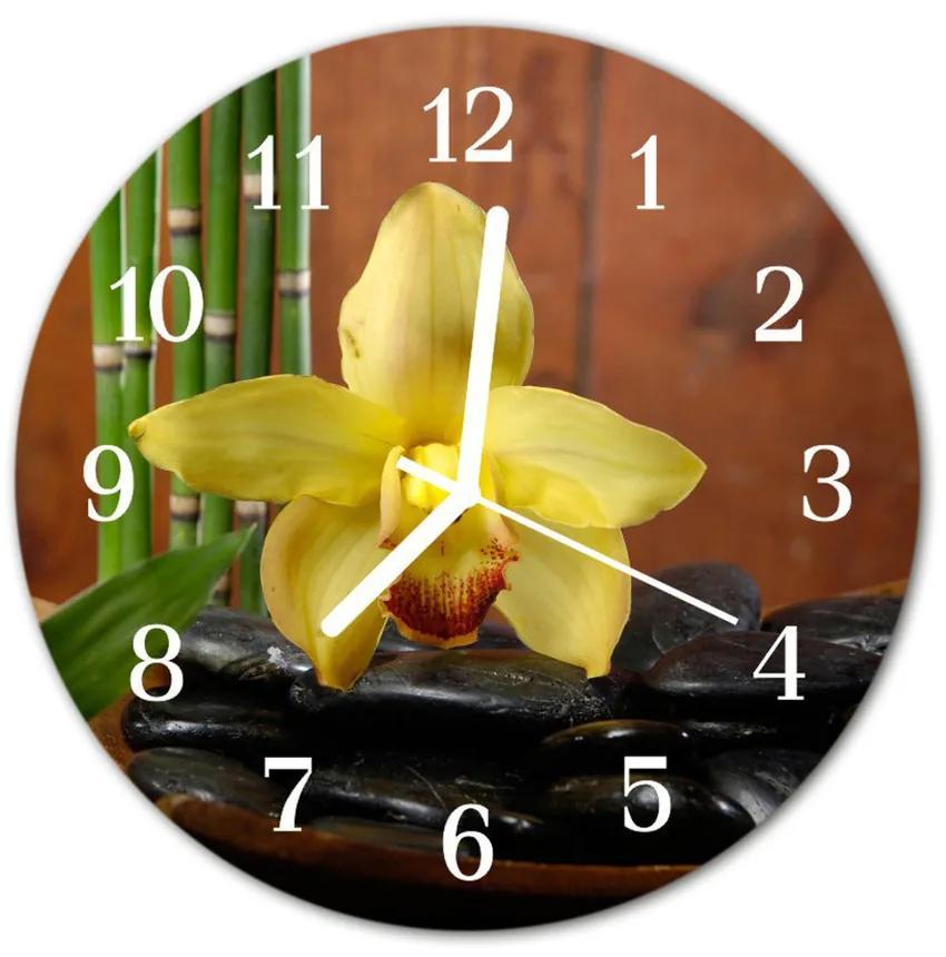 Nástenné sklenené hodiny Bambusová orchidea fi 30 cm