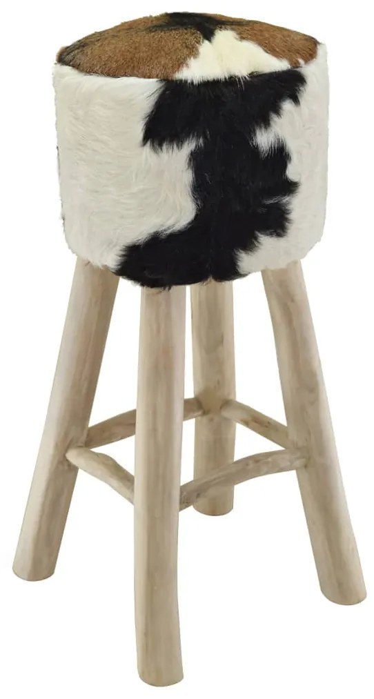 vidaXL Okrúhla barová stolička z pravej kože a teakového dreva