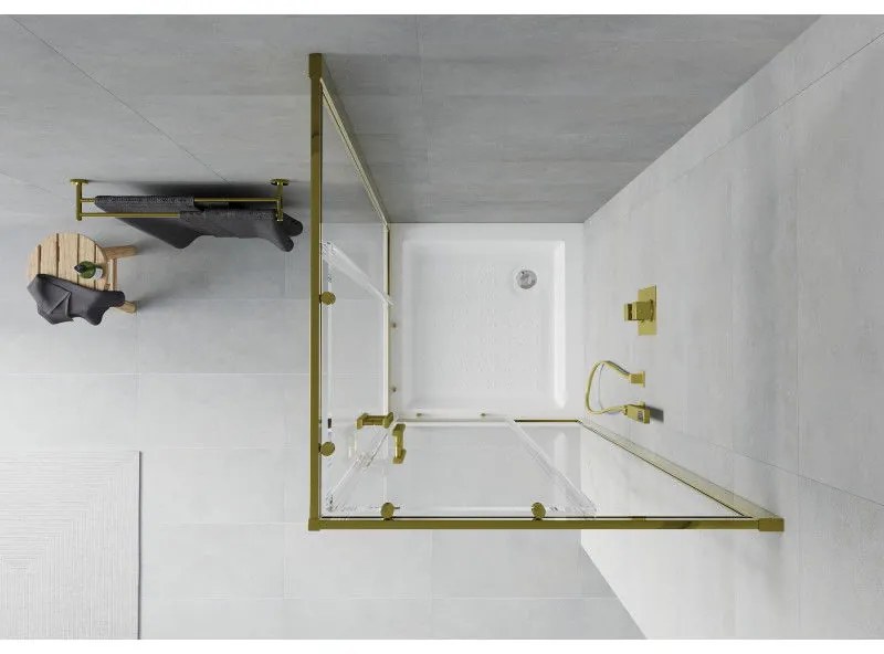 Mexen Rio, štvorcový sprchovací kút s posuvnými dverami 80(dvere) x 80(dvere) x 190 cm, 6mm číre sklo, zlatý profil + biela sprchová vanička RIO, 860-080-080-50-00-4510