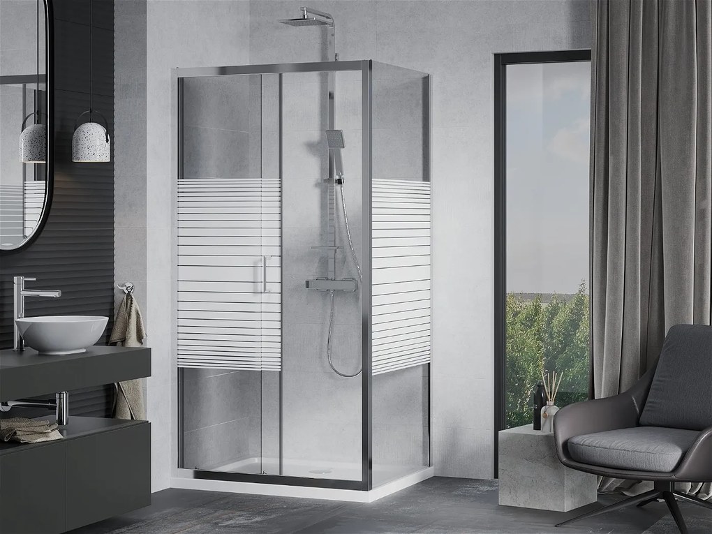 Mexen APIA, sprchový kút s posuvnými dverami 140 (dvere) x 100 (stena) cm, 5mm číre-pásy sklo, chrómový profil + slim sprchová vanička 5cm, 840-140-100-01-20-4010