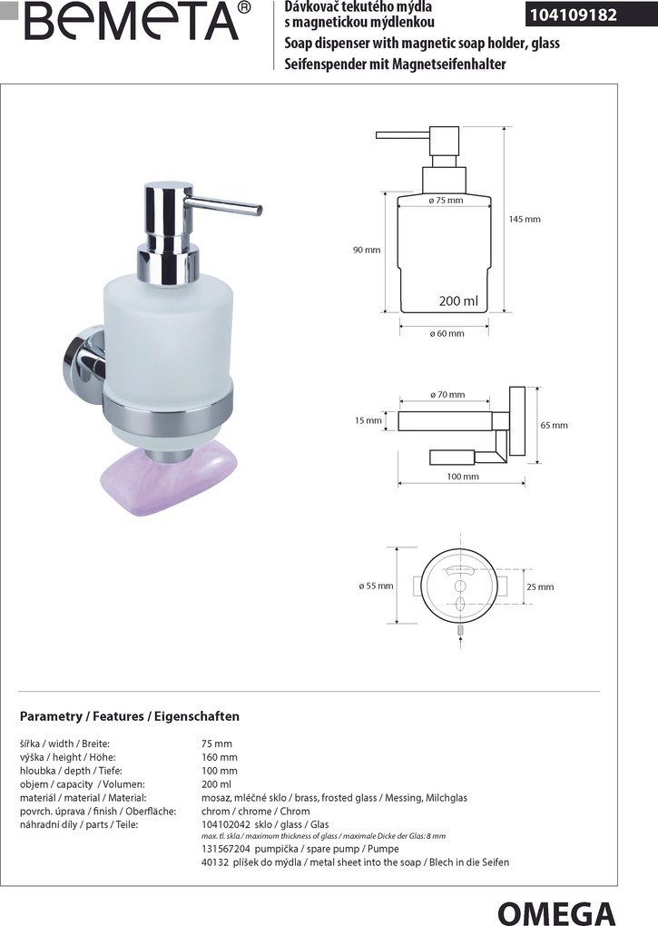 Bemeta Design OMEGA: Dávkovač mydla, 200 ml, s magnetickou mydelničkou - 104109182