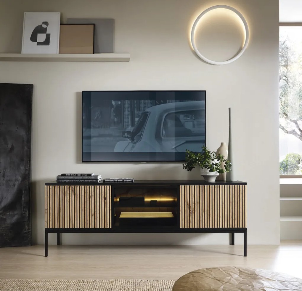 TV skrinka Sento, čierna/dub wotan, s osvetlením