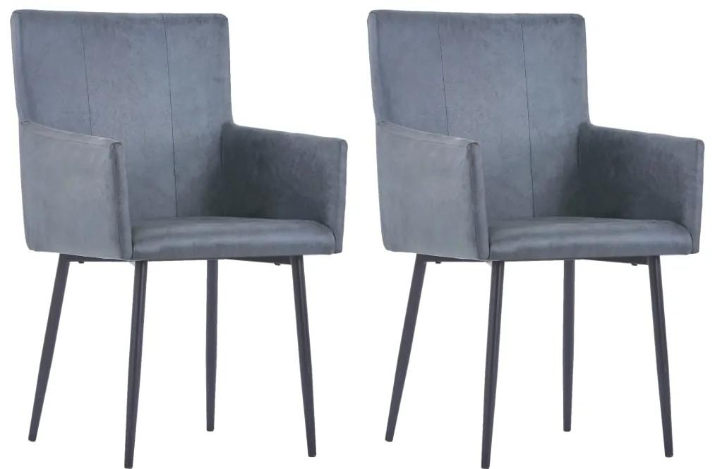 vidaXL Jedálenské stoličky s opierkami 2 ks, sivé, umelý semiš