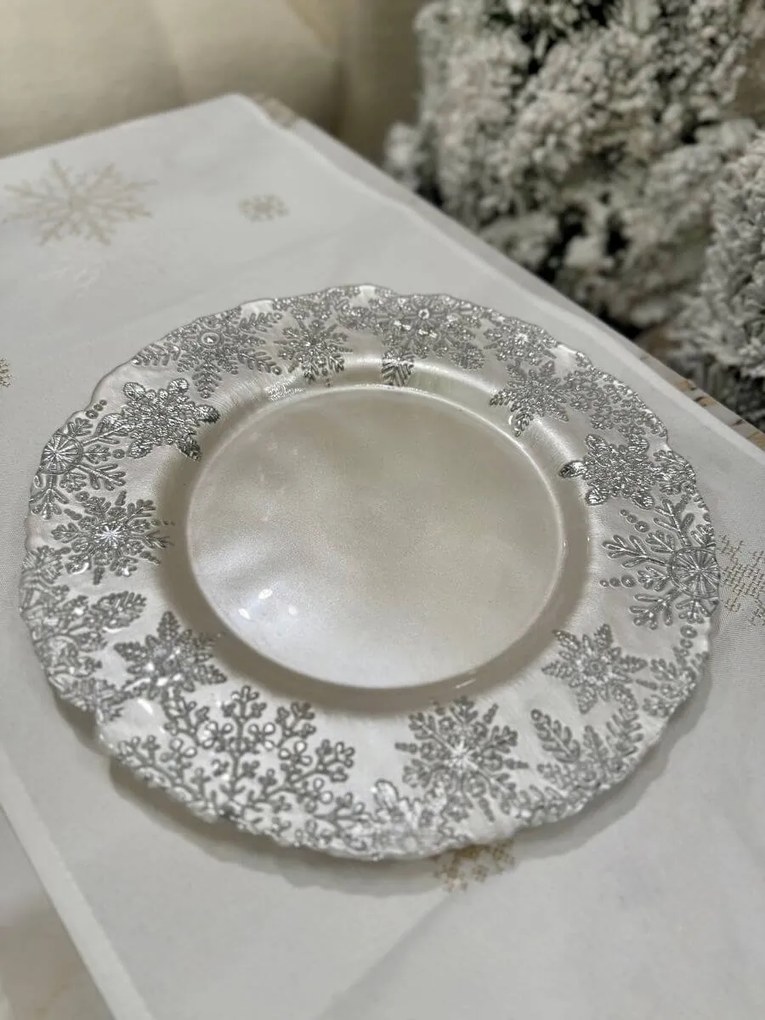 Bielo strieborný sklenený vianočný tanier 33cm
