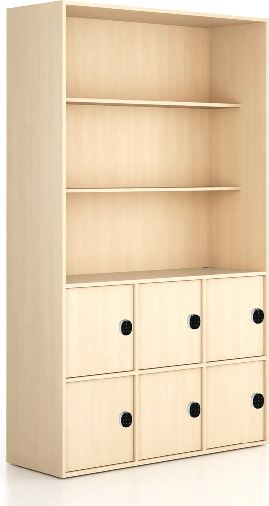 Kancelárska skriňa FRAME, 6x dvere, 2x polica, 1299 x 450 x 2162 mm, kódový zámok, breza