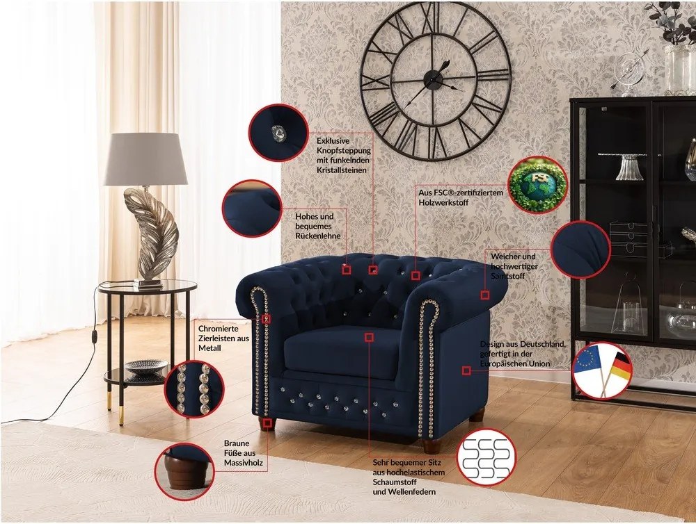 Modré zamatové kreslo chesterfield York Blik – Ropez