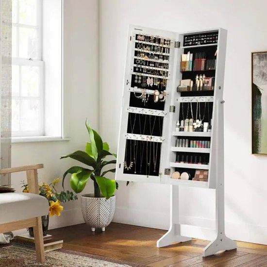 Stojaca zrkadlová skrinka s 2 samostatnými organizérmi na make-up, biela