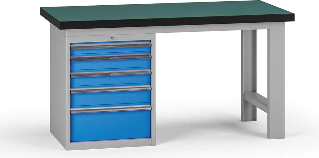 Pracovný stôl do dielne G8, 1500 x 750 x 800 mm, 1x kontejner, 5 zásuviek, modrá