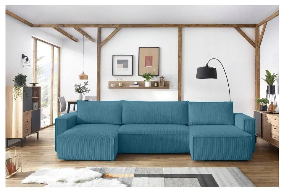 Tyrkysovomodrá menčestrová rozkladacia rohová pohovka Nihad – Bobochic Paris