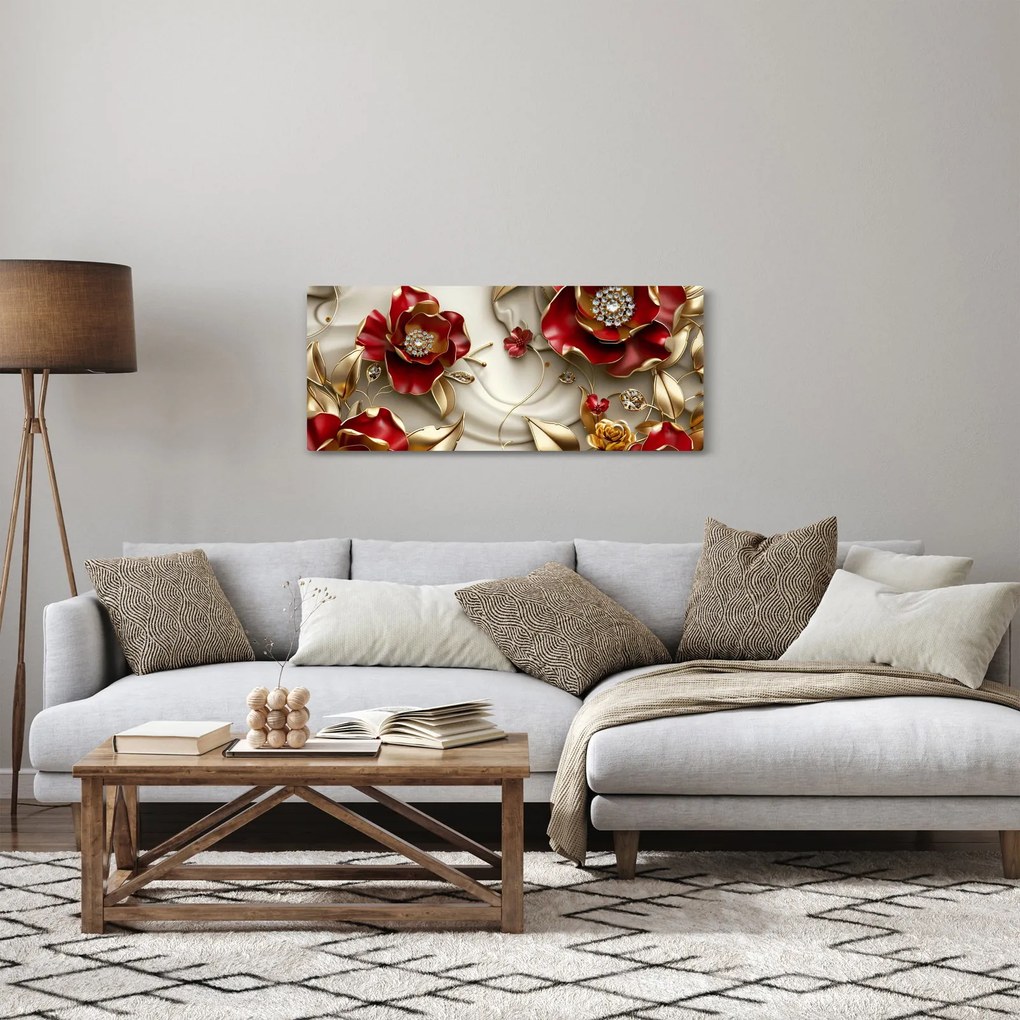Obraz - 3D Červeno-zlaté kvety (120x50 cm)