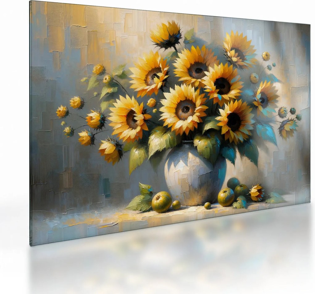 Sklenený obraz – Váza so slnečnicami (70x50 cm)