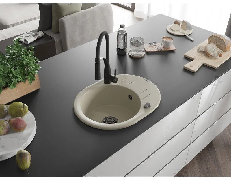 Mexen Kevin, 1-komorový granitový drez 586x458x190 mm a drezová batéria Aster, béžová, 6517-69-73450-70-B