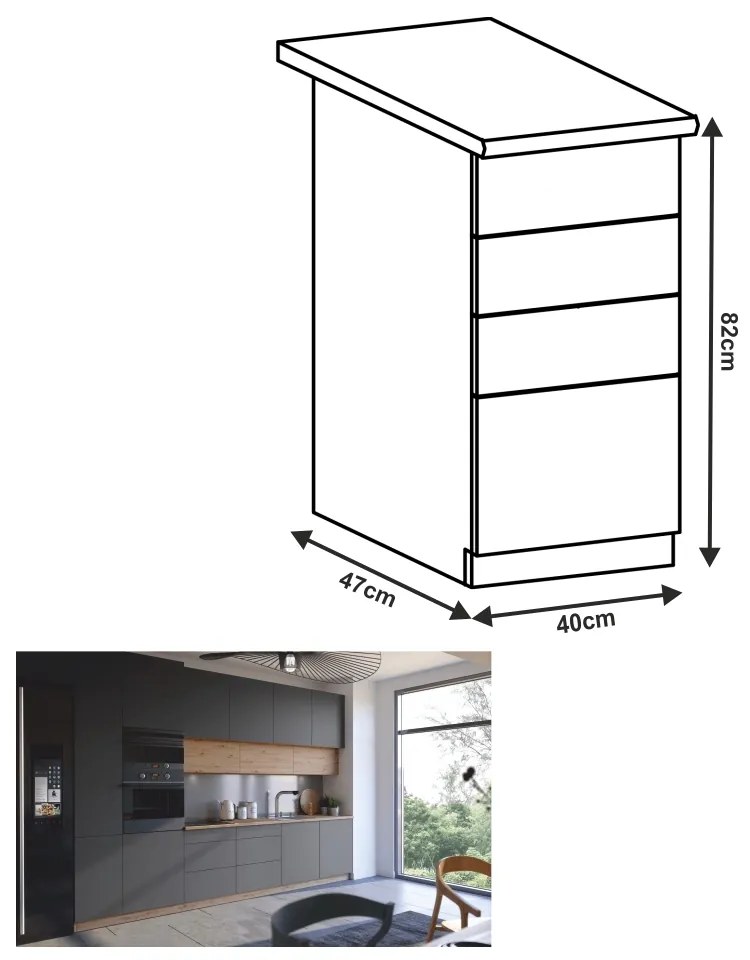 Dolná kuchynská skrinka Langen D40S3 - dub artisan / sivý mat