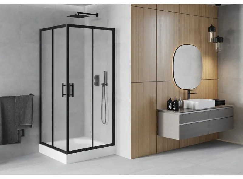 Mexen Rio, štvorcový sprchovací kút s posuvnými dverami 90(dvere) x 90(dvere) x 190 cm, 6mm sklo námraza, čierny profil + biela sprchová vanička RIO, 860-090-090-70-30-4510