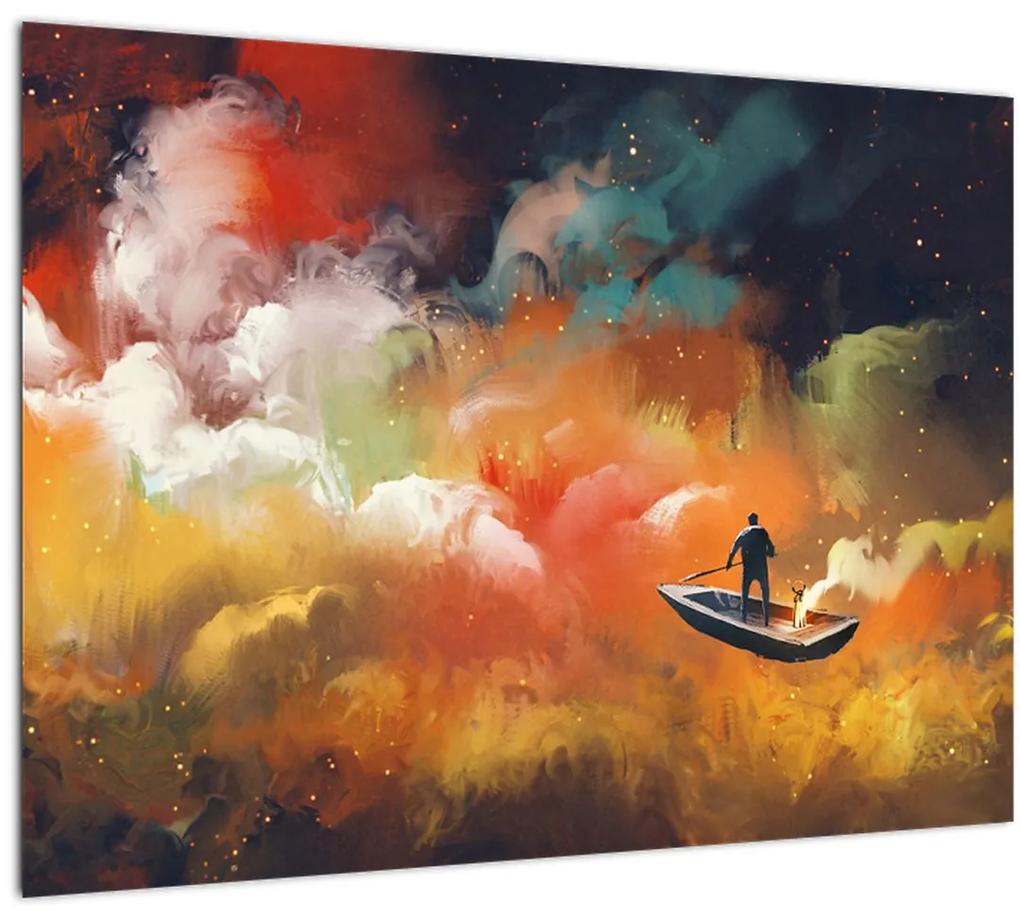 Sklenený obraz - Muž plaviace vesmírom (70x50 cm)