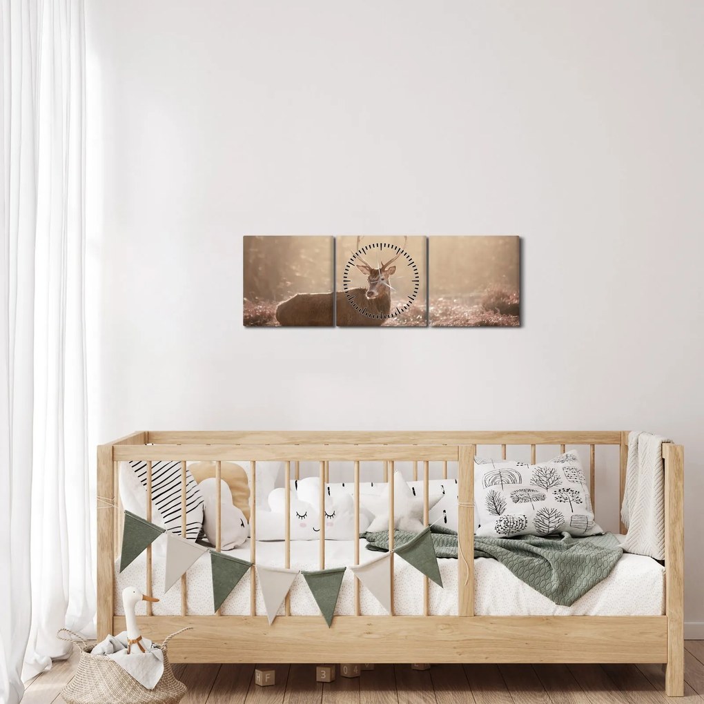 Obraz - Jeleň v lese (s hodinami) (90x30 cm)