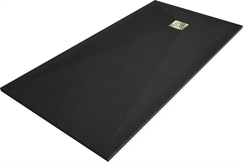 Mexen Stone+, obdĺžniková vanička z minerálneho kompozitu 180 x 70 cm, čierna, zlatá lesklá krytka, 44707018-G