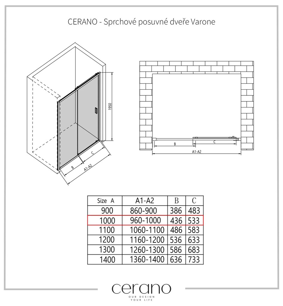 CERANO - Sprchové posuvné dvere Varone LINE Ľ/P - chróm, transparentné sklo - 100x195 cm, CER-CER-478066