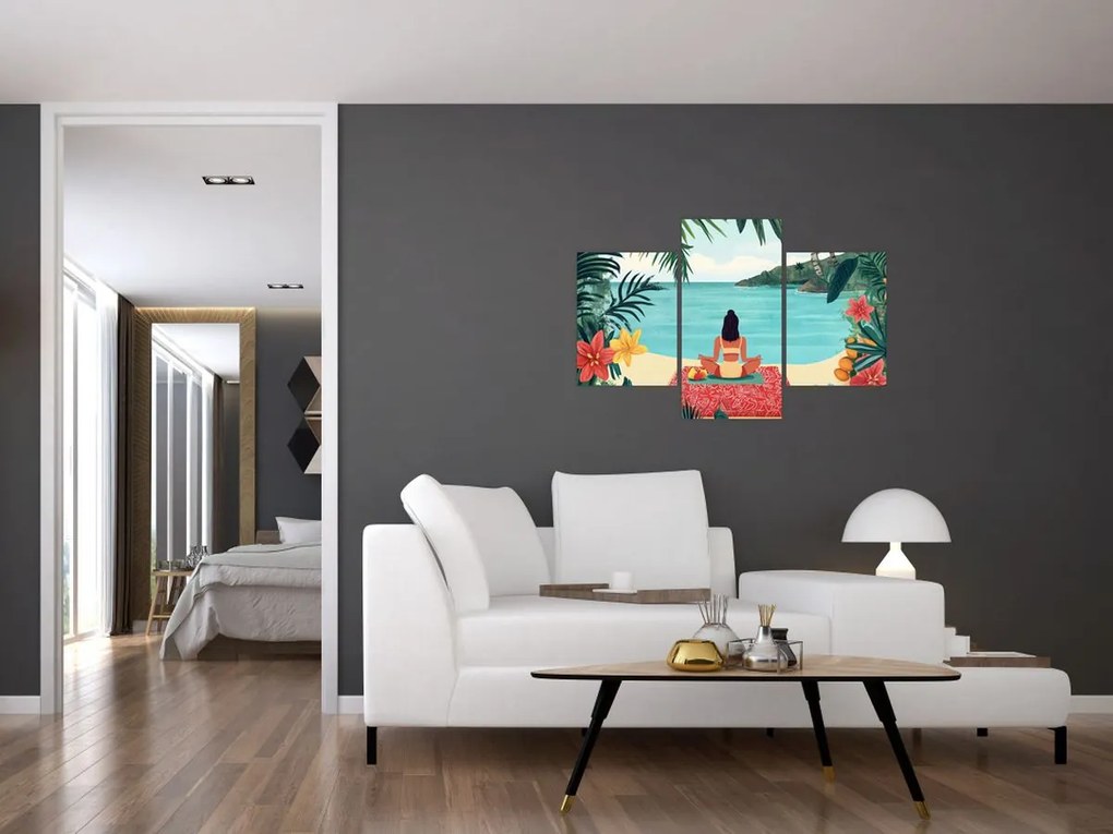 Obraz - Jogínka na pláži (90x60 cm)