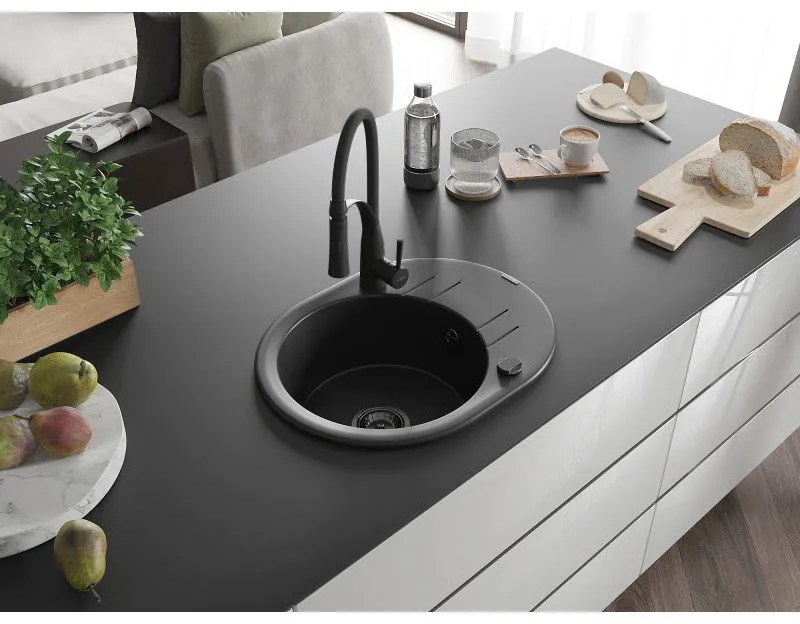 Mexen Kevin, 1-komorový granitový drez 586x458x190 mm a drezová batéria Aster, čierna, 6517-77-73450-70-B