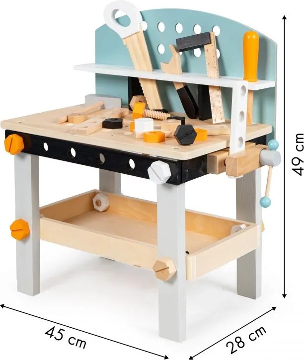 Detský drevený pracovný stôl ECOTOYS – dielňa s náradím 38 dielov pre deti 3+