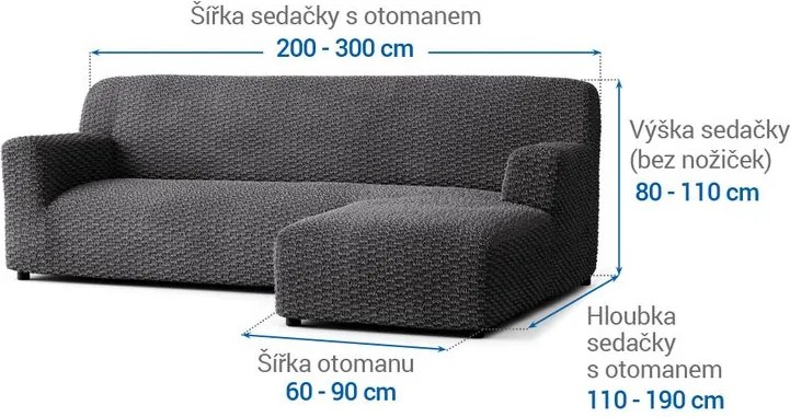 Bielastické poťahy MOSAICO tmavosivé sedačka s otomanom vpravo (š. 170 - 300 cm)