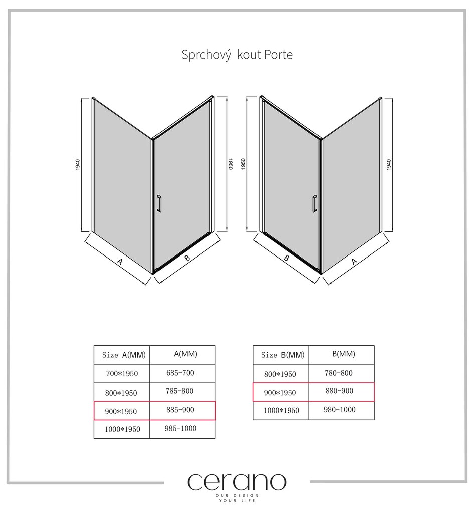 Cerano Porte, 1-krídlový sprchovací kút 90x90 cm, 8mm číre sklo, čierny profil, CER-CER-413579