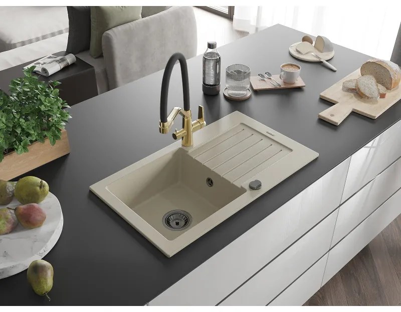 Mexen Pablo, granitový drez 752x436x161 mm, 1-komorový a drezová batéria Duo, béžová, 6510-69-671701-57-B