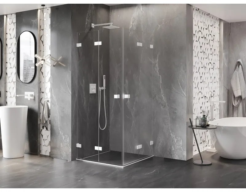 Mexen Lunar-F Duo, skladací sprchový kút 85 x 85 cm, 8mm číre sklo, biely profil, 836-085L-085P-20-00