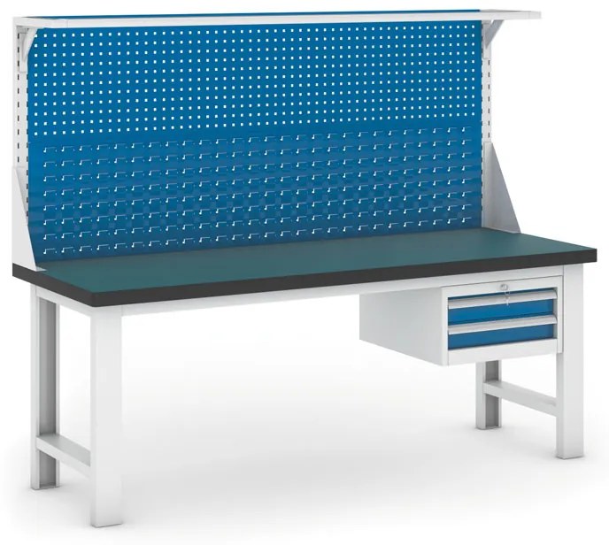 Pracovný stôl do dielne GB s nadstavbou a závesným boxom na náradie, 2100 mm