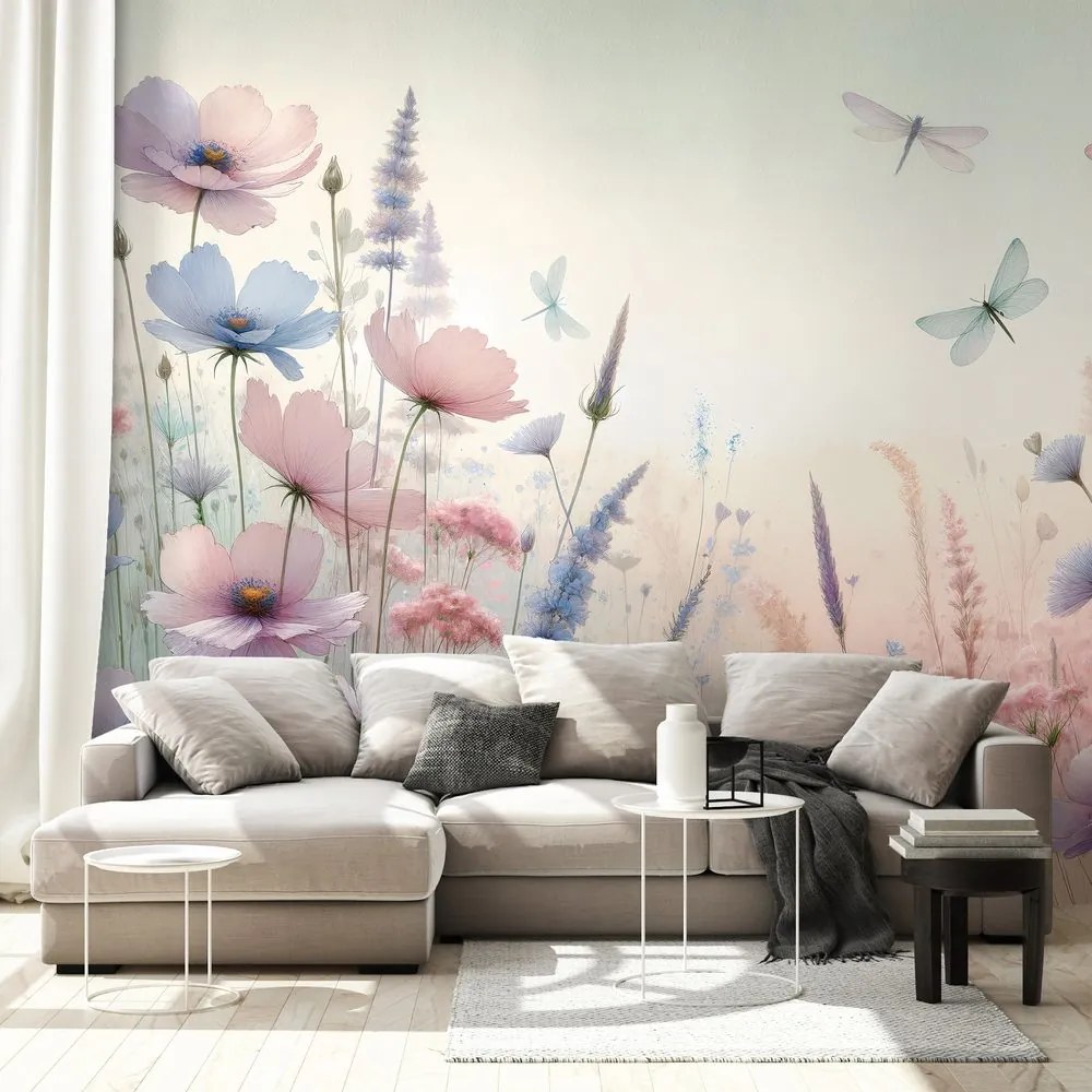 Fototapeta pastelové kvety a vážky