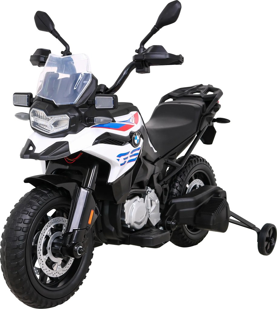 Ramiz BMW F850 GS Detský motocykel na batérie biely + asistenčné kolesá + LED audio + pomalý štart + EVA