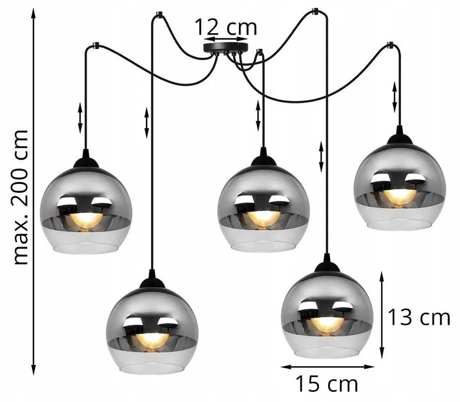 Závesné svietidlo BERGEN SPIDER, 5x chrómové/transparentné sklenené tienidlo (fi 15cm)