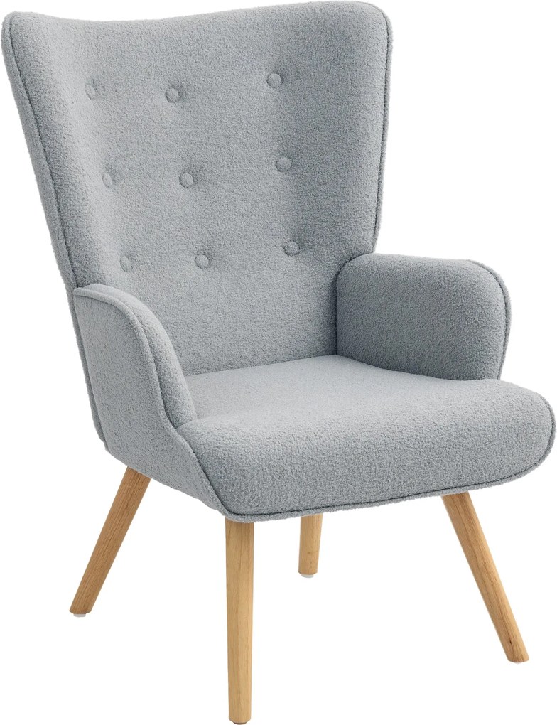HOMCOM kreslo z boucle tkaniny, moderné čalúnené kreslo s drevenými nohami, ergonomické operadlo a opierky rúk, do jedálne, obývacej izby, spálne, kan