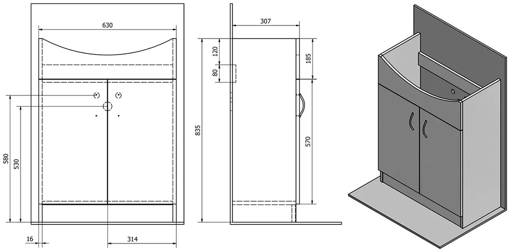 Aqualine Aqualine, SIMPLEX ECO 65 umývadlová skrinka s umývadlom 63x83,5x30,7cm, SIME650